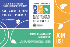 Graphic with white leaves on a colorful background. The text says "It starts with us: Families leading communities of change. Saturday, March 11, 2023 9:00 AM through 1:30 PM EST via Zoom Events. Online registration is now open."